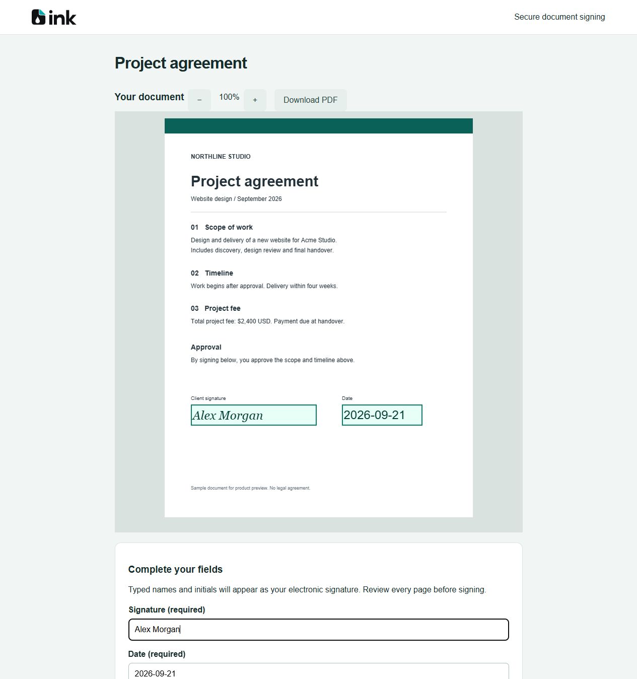 Actual Ink signing interface showing a sample project agreement